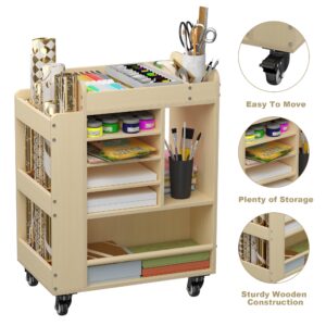 Art Cart,Art Cart Organizer on Wheels,Wrapping Paper Storage Cart,Wooden Art Rolling Cart,Craft Organizers and Storage for Home Office Classroom