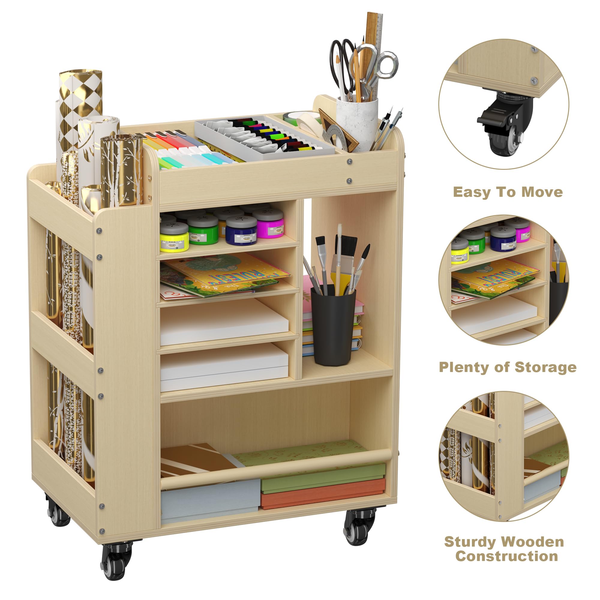 Art Cart,Art Cart Organizer on Wheels,Wrapping Paper Storage Cart,Wooden Art Rolling Cart,Craft Organizers and Storage for Home Office Classroom