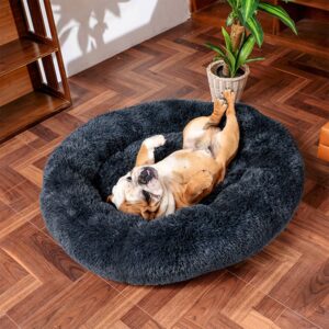 Lemuluxe Cat Beds for Indoor Cats, 20 inches Cat Bed Calming Plush Cat Bed Anti-Slip Round Fluffy Dog Bed Donut Dog Bed Soft Puppy Pet Bed Cat Beds for Small Medium Dogs Kittens (Dark Grey)