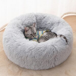 Lemuluxe Cat Beds for Indoor Cats, 15 inches Small Dog Bed Calming Plush Cat Bed Fluffy Round Dog Bed Donut Dog Bed Soft Puppy Pet Bed Cat Beds Kitten Beds for Indoor Kittens (Grey)