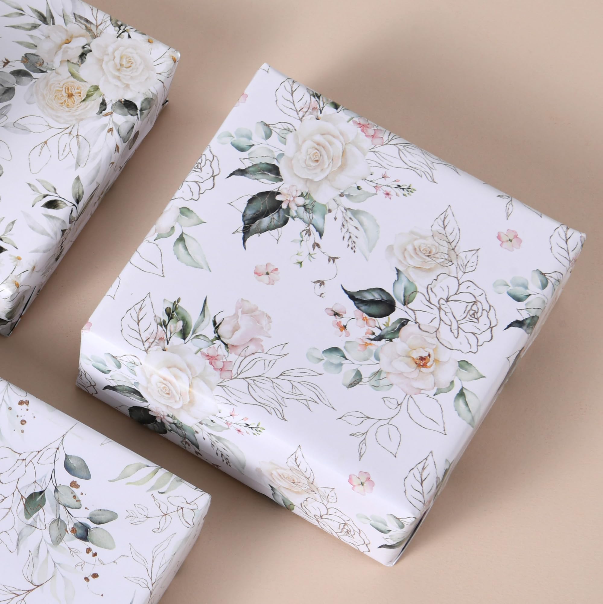 Titiweet Wedding Wrapping Paper - Green Leaves & White Rose Design, 12 Sheets Bridal Shower Wrapping Paper for Women, 20 x 28 Inches Per Sheet