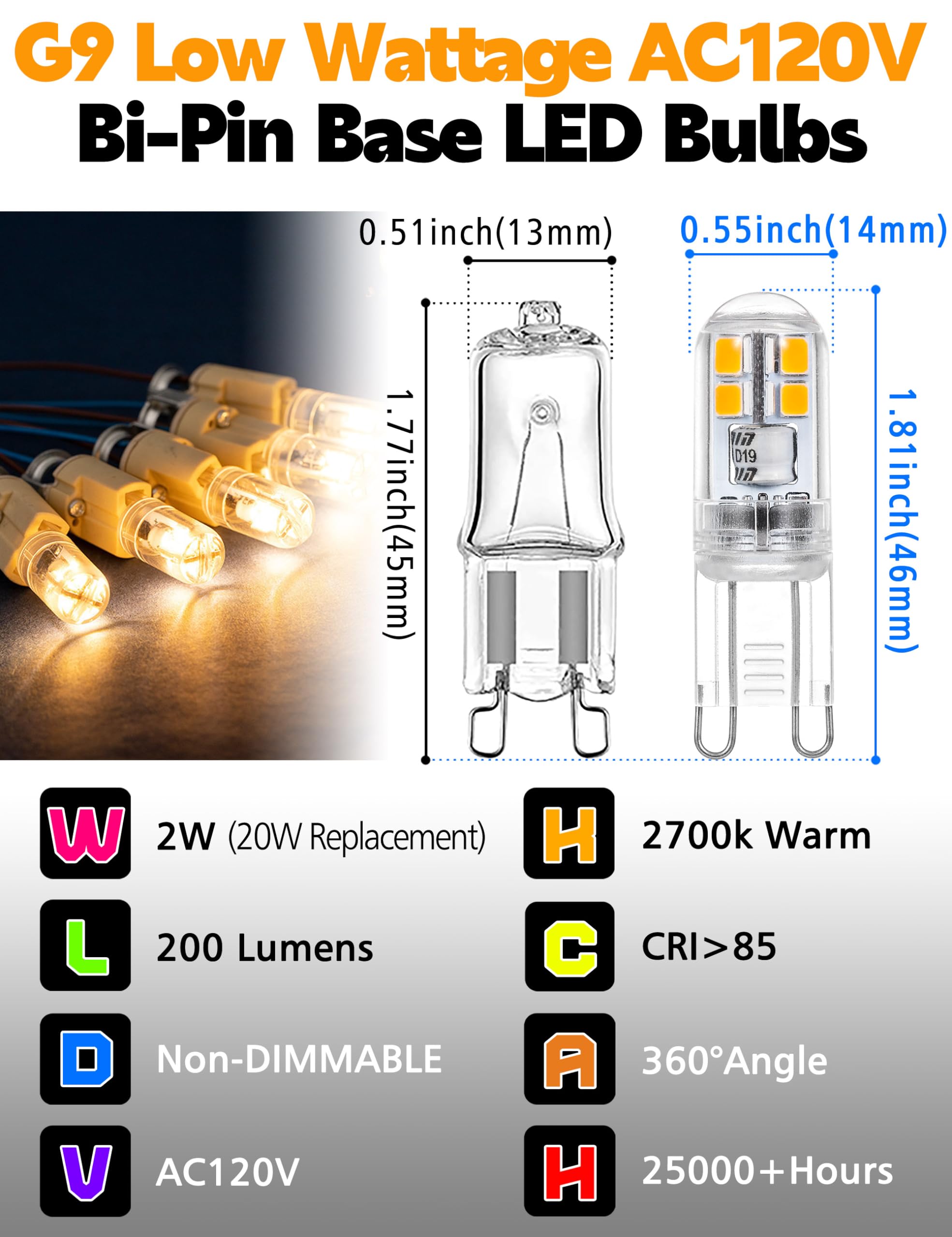 Xyanmc G9 LED Bulbs Low Wattage 2W 200LM LED Night Light Bulbs, 20W Replacement, 2700K Warm White, AC120V Bi-Pin Base Bulbs for Chandelier Pendant Under Cabinet Lights No Flicker Non-Dimmable,10 Pack