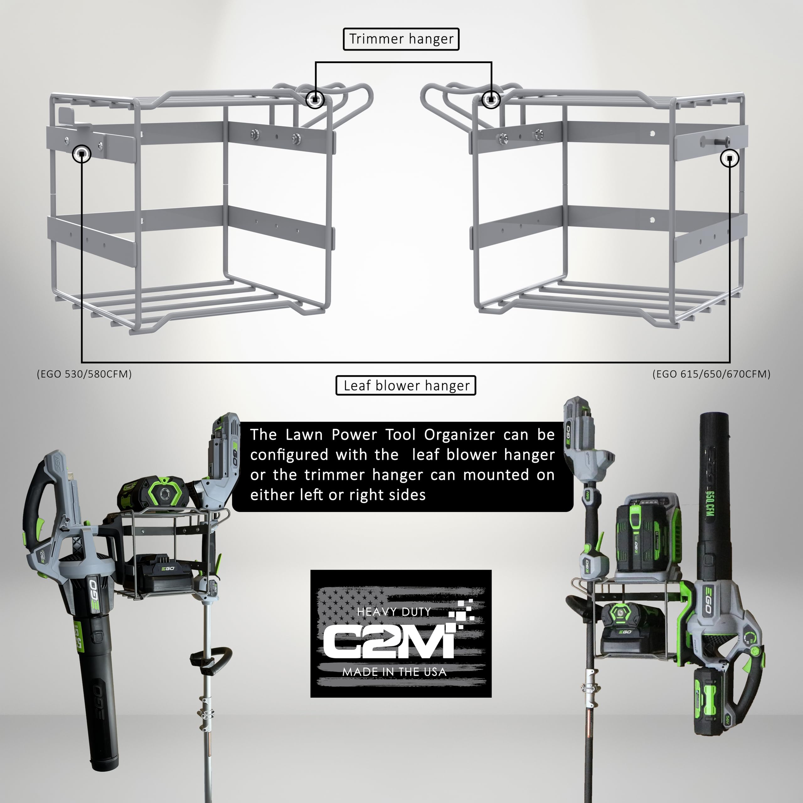 C2M Lawn Power Tool Organizer Wall Mount Rack Hanger for Leaf Blower and Weed Eater - Grey