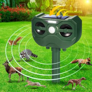 ultrasonic solar animal repellent outdoor deer repellent waterproof animal deterrent adjustable frequency flashing lights, animal repeller defender keep cat fox squirrel skunk raccoon out of yard (1)