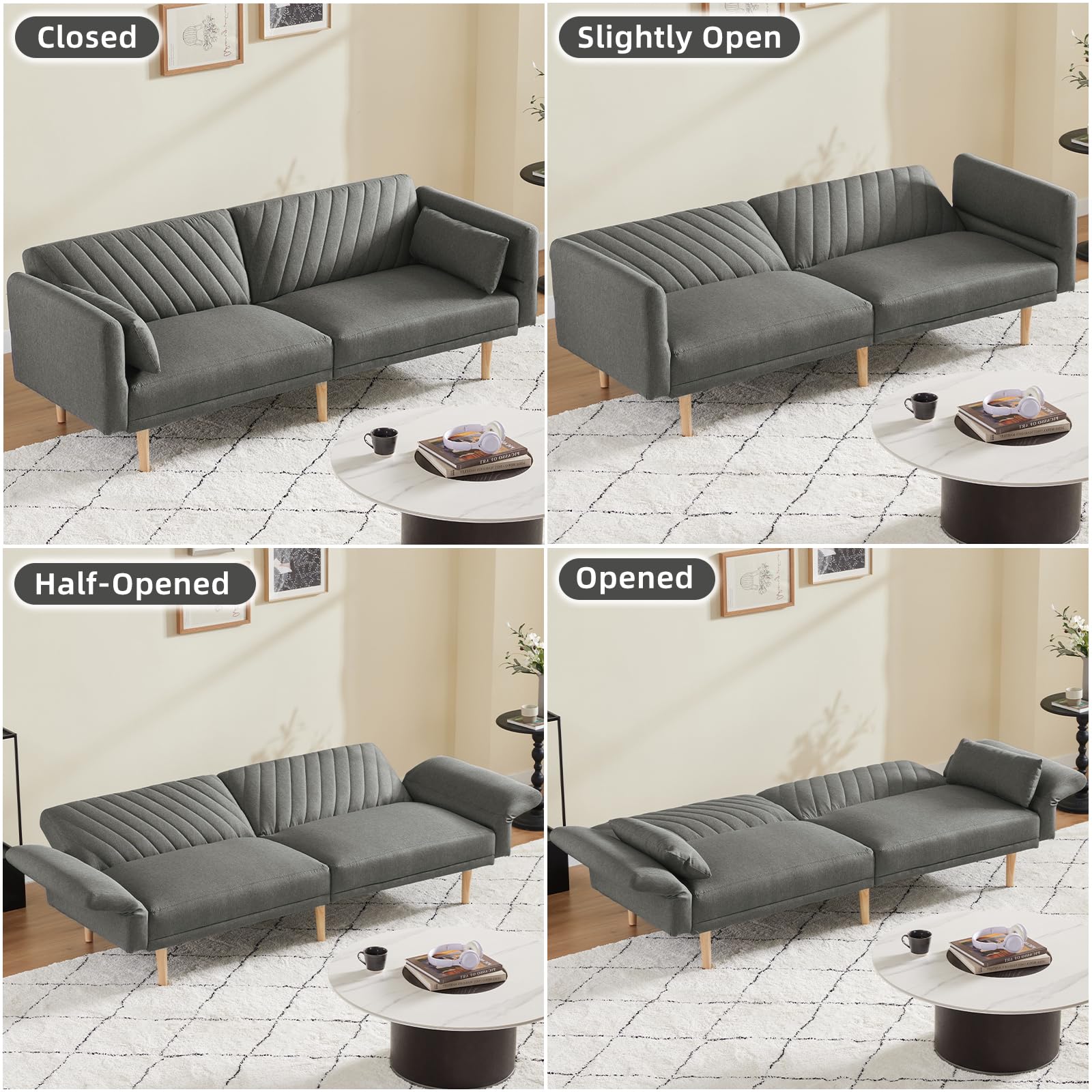 WILLOVE Futon Sofa Bed, 78" Modern Futon Couch, 3 Seater Folding Bed Tufted Couch with Adjustable Backrests and Armrest, Solid Wood Legs for Living Room, Bedroom, Small Room, Gray