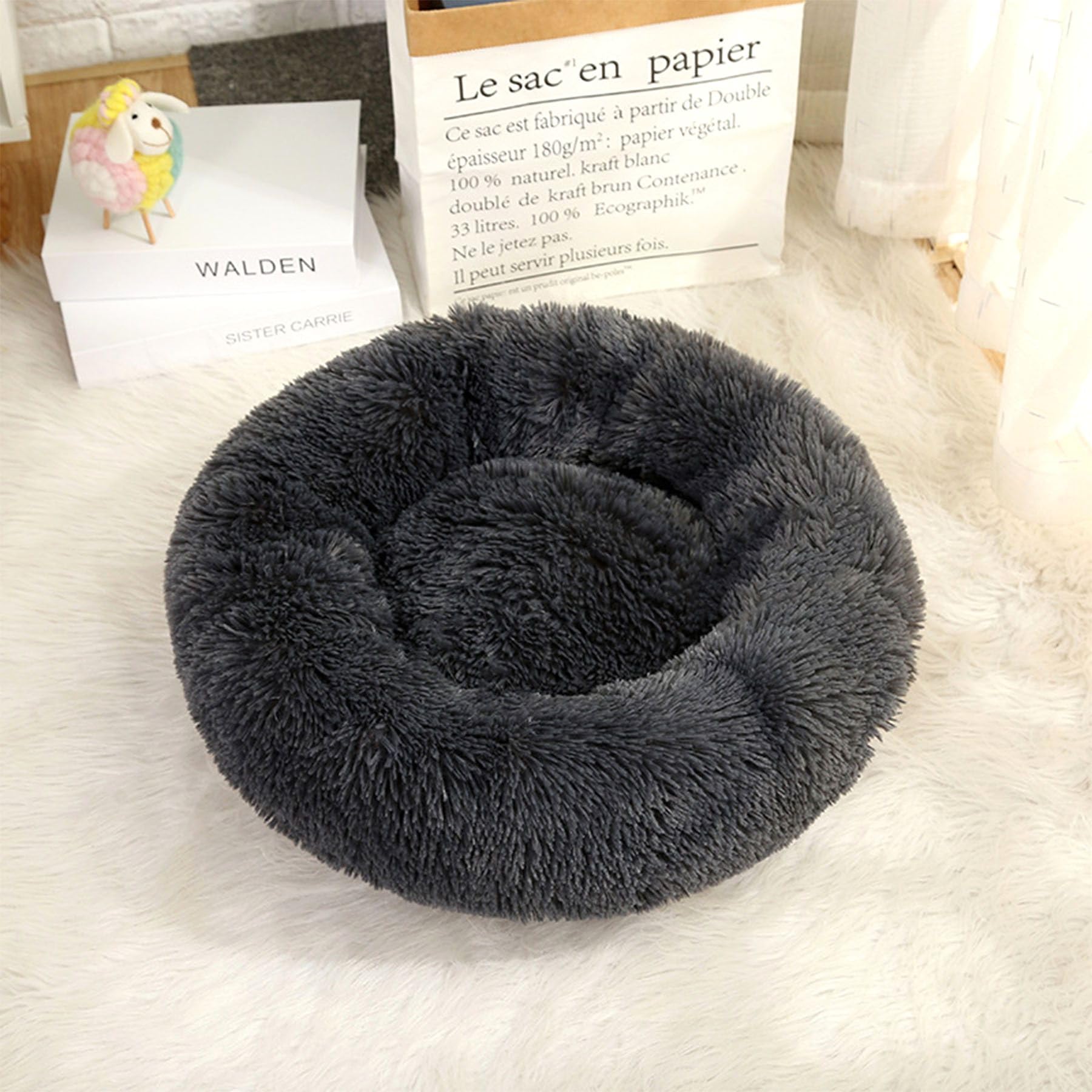 Lemuluxe Cat Beds for Indoor Cats, 20 inches Cat Bed Calming Plush Cat Bed Anti-Slip Round Fluffy Dog Bed Donut Dog Bed Soft Puppy Pet Bed Cat Beds for Small Medium Dogs Kittens (Dark Grey)