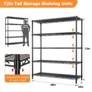 Storage Shelves Heavy Duty, 48" L x 20" W x 72" H Garage Wire Shelving Unit Loads 2000LBS, 5-tier Adjustable Metal Industrial Utility Shelf Rack for Kitchen, Laundry Room, Pantry, Warehouse, Basement