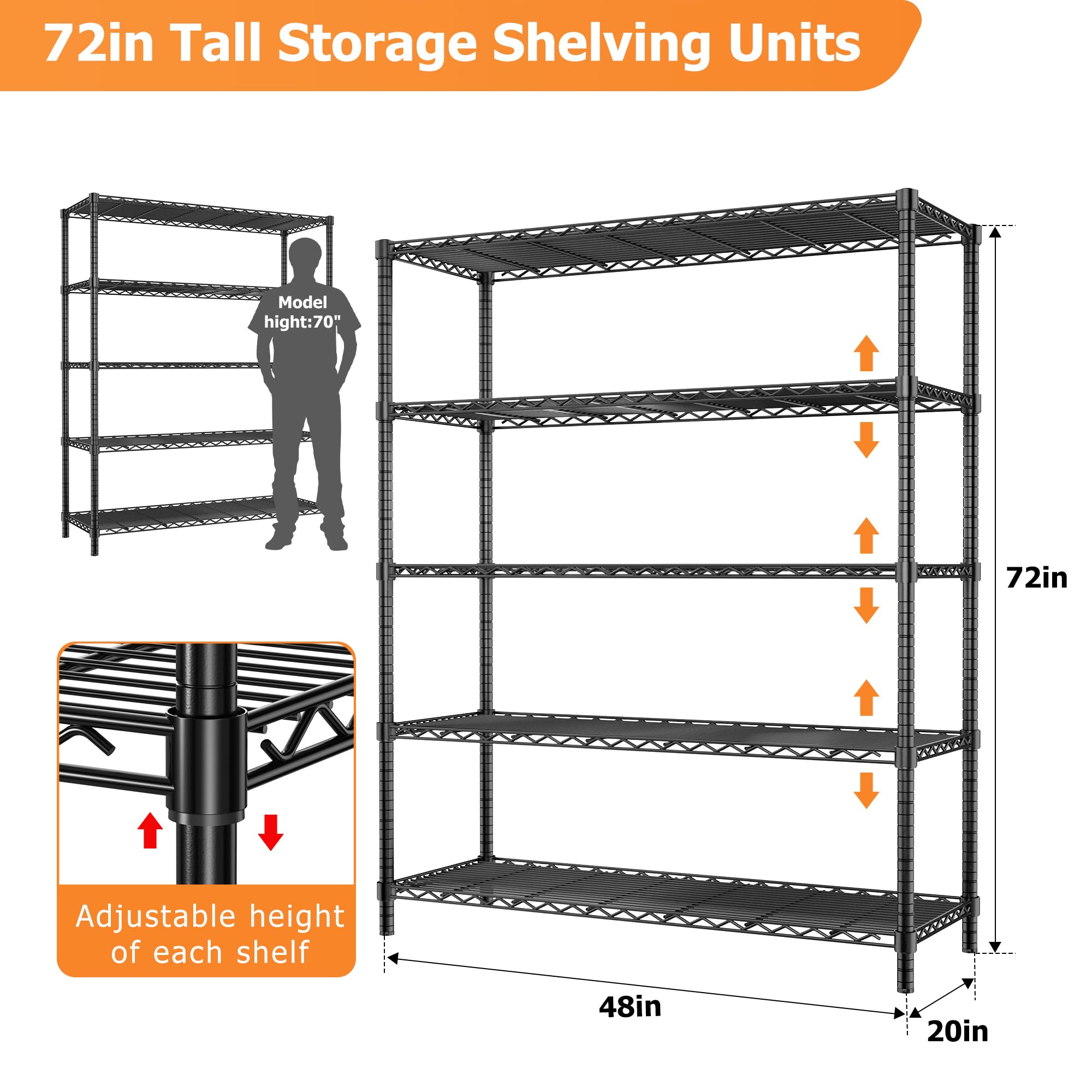 Storage Shelves Heavy Duty, 48" L x 20" W x 72" H Garage Wire Shelving Unit Loads 2000LBS, 5-tier Adjustable Metal Industrial Utility Shelf Rack for Kitchen, Laundry Room, Pantry, Warehouse, Basement