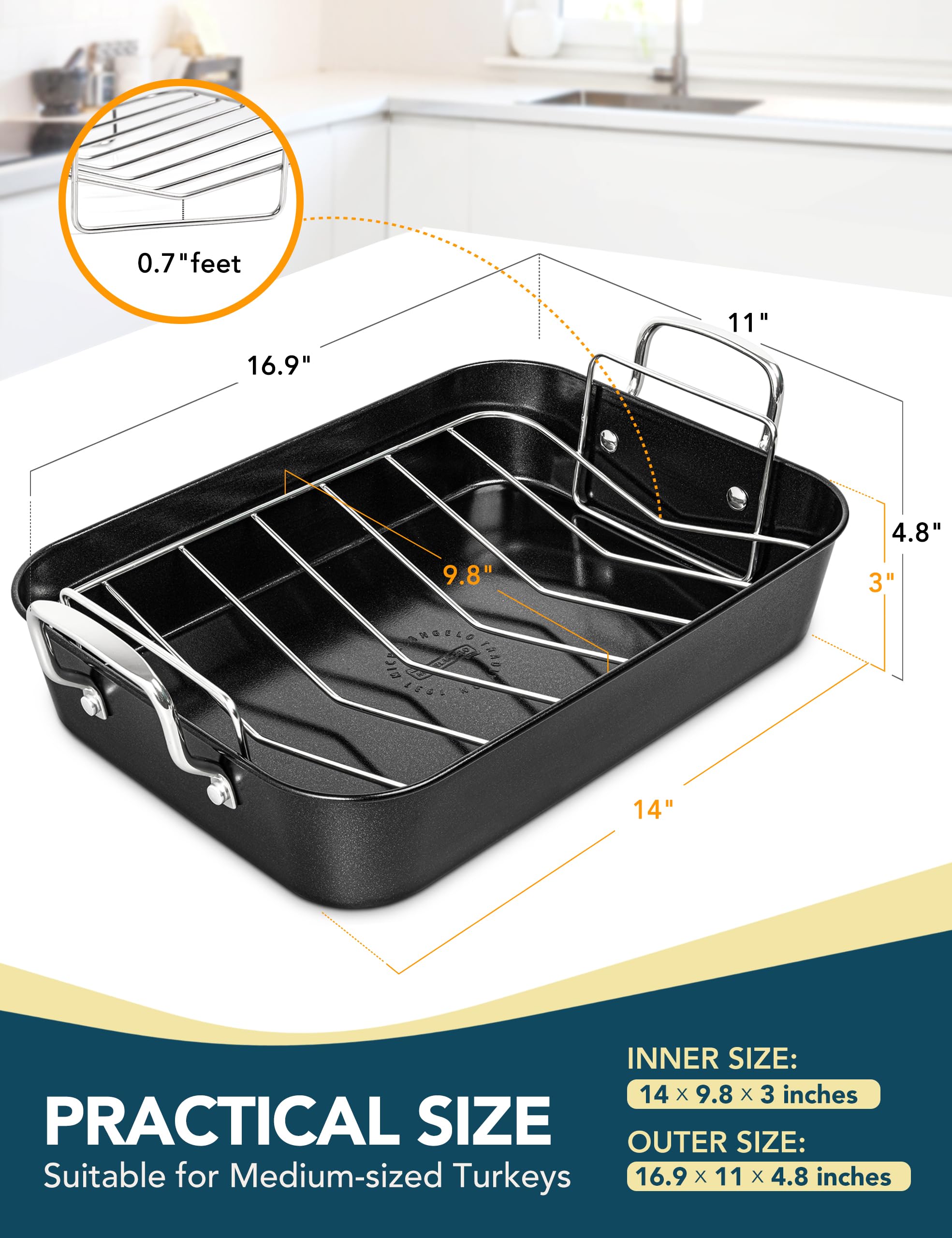 MICHELANGELO Carbon Steel Roasting Pan with Rack, Turkey Roasting Pan 15 Inch x 11 Inch, Nonstick Turkey Roaster Pan with Stainless Steel Rack, Induction Compatible