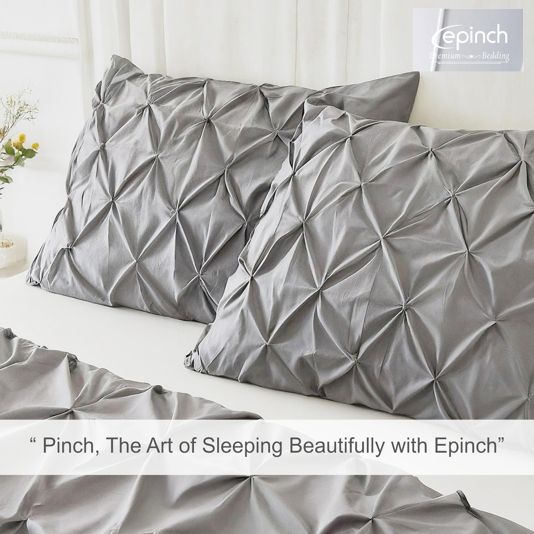 Epinch_Pinch Pleated Duvet Cover Set 1200TC 100% Cotton Luxurious Home 3Piece 1Pinch Duvet Cover 2Pinch Pillowcase Zipper Tie Closure Pack of 1