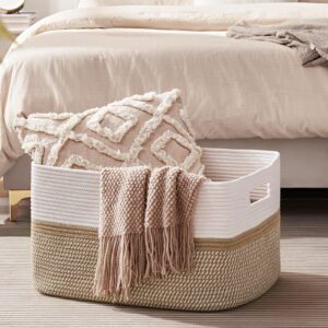 OIAHOMY 75L Laundry Basket, Extra Large Toy Storage Basket, Rectangle Cotton Rope Storage Basket, Blanket Basket Living Room, Woven Baskets for Storage, 22 x 17 x 12 Inches-Yellow/White