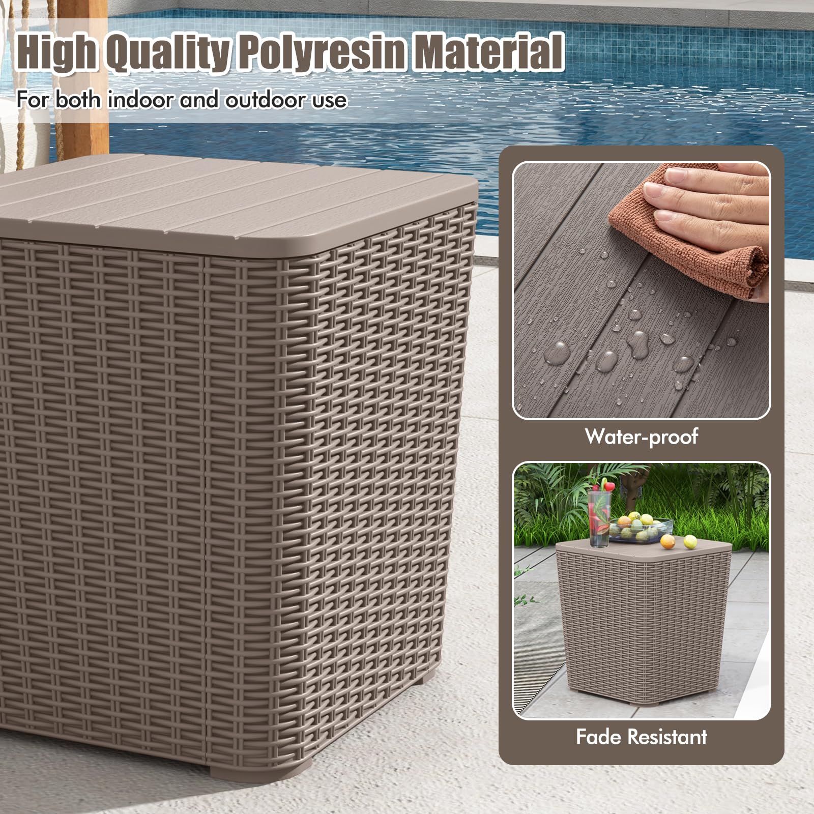 Tangkula 11.5 Gallon Water-proof Deck Box, Outdoo Patio Storage Box w/Removable Lid &, Faux Rattan Storage Container Side Table, All Weather Patio Furniture Extra Seat for Poolside (Brown)