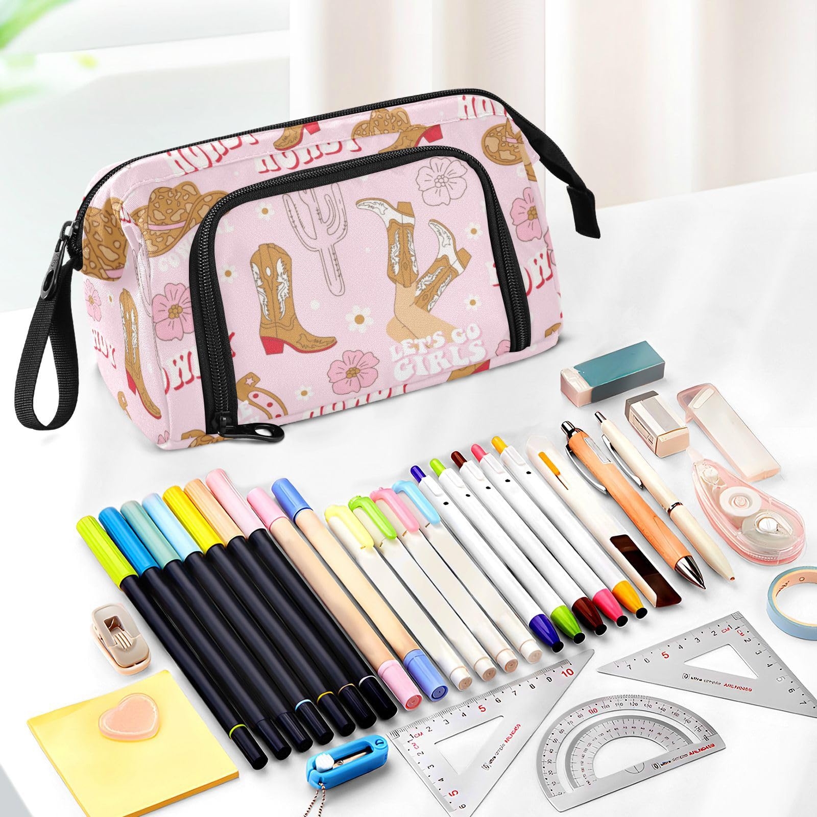 Large Pencil Case,Retro Cowgirl Boots Cactus Pink Student Pencil Bag Big Capacity Pencil Pouch Stationery Makeup Bag Organizer Pen Bag for Teen Boys Girls School College Office