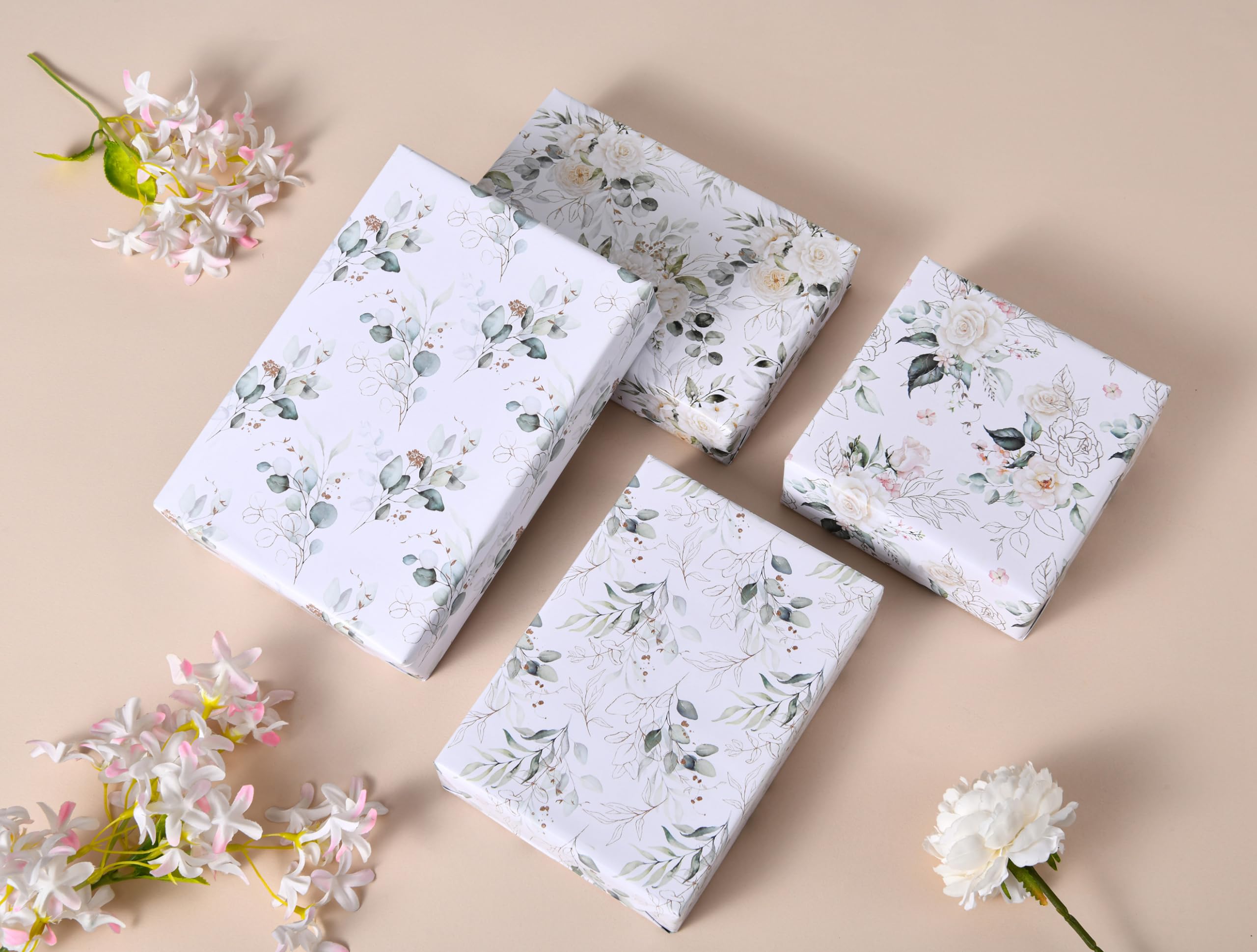 Titiweet Wedding Wrapping Paper - Green Leaves & White Rose Design, 12 Sheets Bridal Shower Wrapping Paper for Women, 20 x 28 Inches Per Sheet