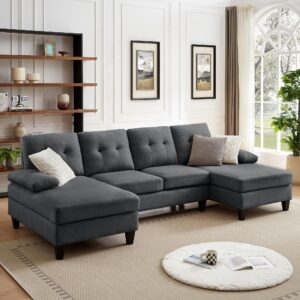 enobala 111" sectional sofa, modern u shaped 4 seat sofa couch linen fabric sofa couch for living room