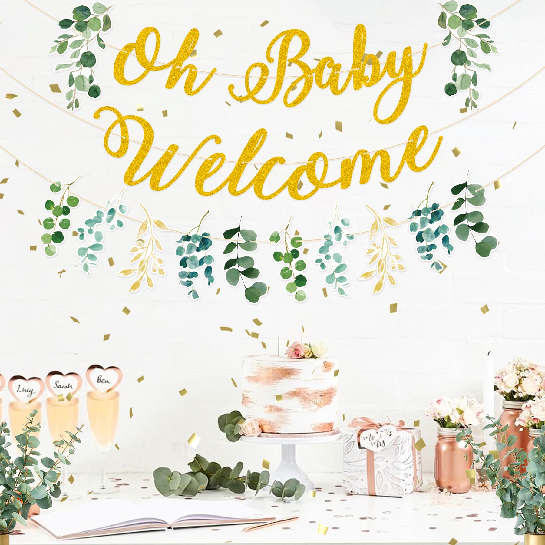 Gifloon Pre-Strung Baby Shower Decorations, Oh Baby Banner Welcome Baby Eucalyptus Leaves for Gender Geveal Party Decorations