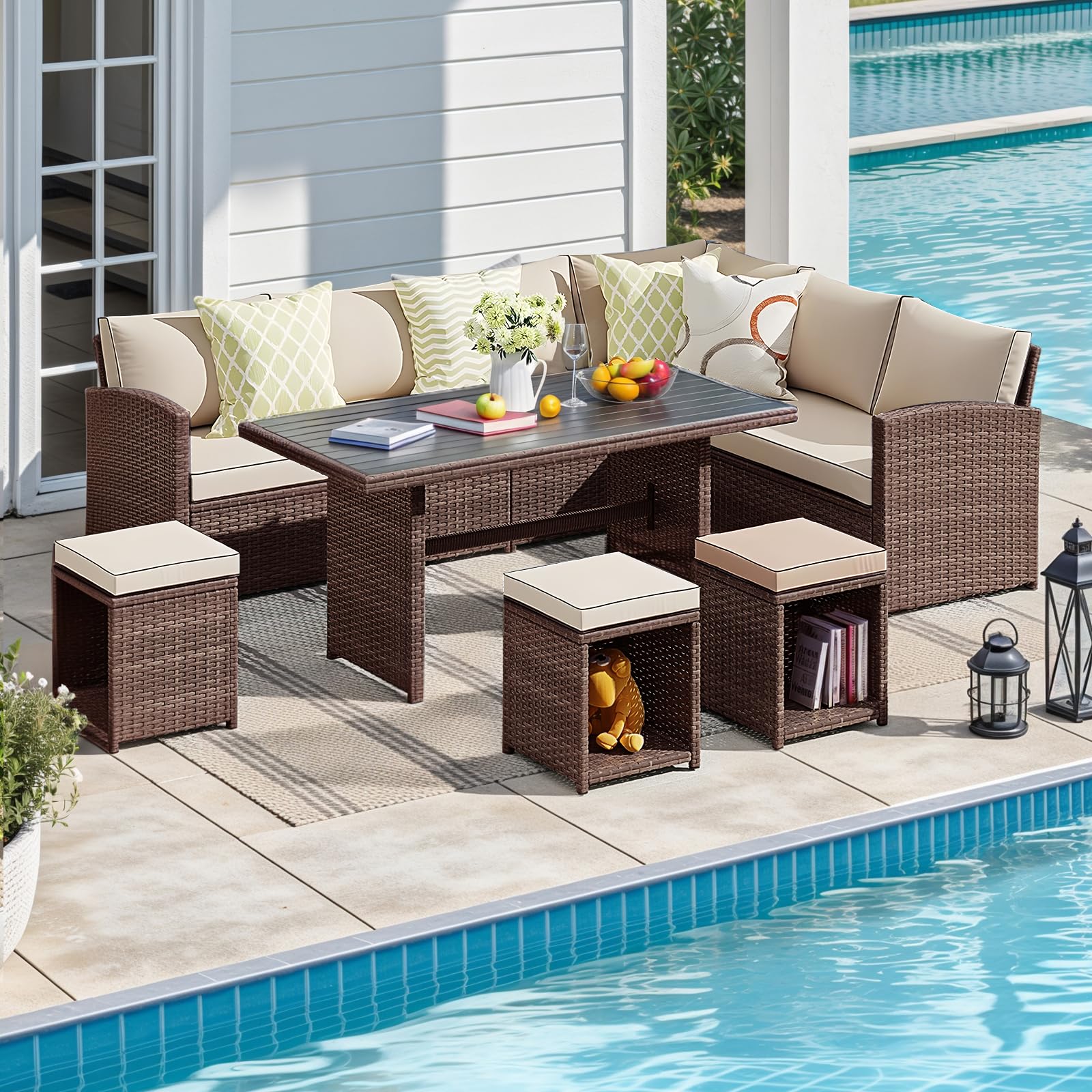 JOIVI 7 Piece Patio Furniture Set, Patio Dining Sofa Set, Outdoor Sectional Sofa Conversation Set All Weather Wicker Rattan Couch Dining Chair & Table with Ottoman, Brown Rattan Beige Cushion