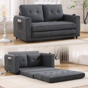 3-in-1 convertible sofa bed, foldable futon loveseat sleeper with pull out couch bed for living room, bedroom, office (dark grey)