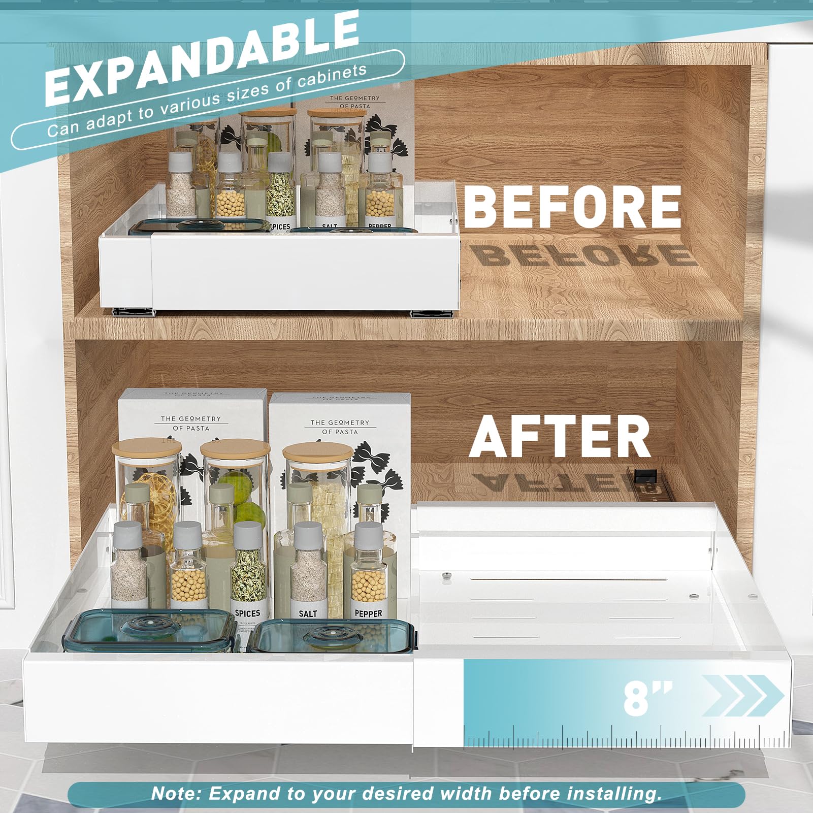 SPACEKEEPER Pull Out Cabinet Organizer, Extendable Slide Out Drawers for Cabinets with Adhesive Film 1 Pack Heavy Duty Pantry Shelves Storage and Organization for Kitchen Pantry Bathroom, White