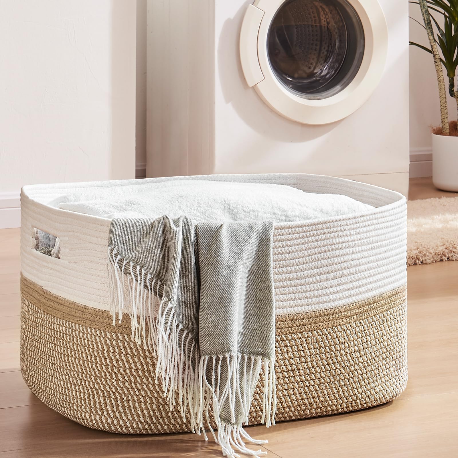 OIAHOMY 75L Laundry Basket, Extra Large Toy Storage Basket, Rectangle Cotton Rope Storage Basket, Blanket Basket Living Room, Woven Baskets for Storage, 22 x 17 x 12 Inches-Yellow/White