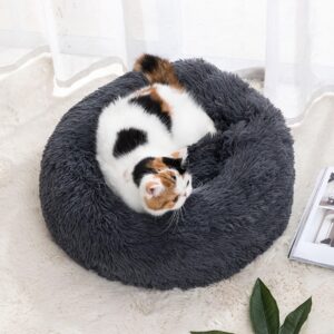 Lemuluxe Cat Beds for Indoor Cats, 20 inches Cat Bed Calming Plush Cat Bed Anti-Slip Round Fluffy Dog Bed Donut Dog Bed Soft Puppy Pet Bed Cat Beds for Small Medium Dogs Kittens (Dark Grey)