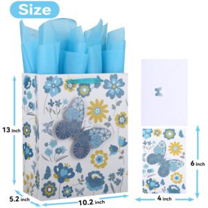 13" Large Turquoise and Yellow Gift Bag Set with Greeting Card and Tissue Paper(3D Butterfly) for Celebrating Birthdays, Baby Shower, Mother's Day, Weddings, Anniversary, Valentine's Day - 10.2”x5.2”x13”, 1 Pcs.