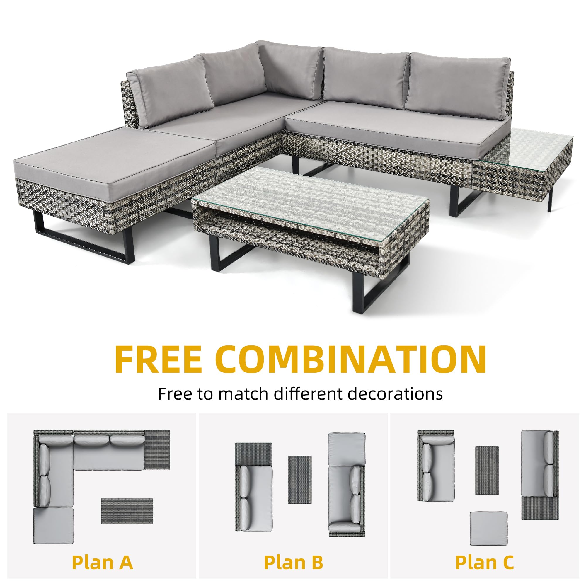 DWVO Patio Furniture Set, Sectional L-Shaped Sofa, for Patio Backyard Poolside Porch, Wicker Conversation Set with Coffee Table & Cushions, Detachable Lounger, All-Weather Rattan, Grey