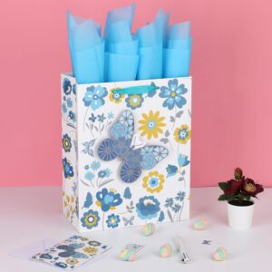 13" Large Turquoise and Yellow Gift Bag Set with Greeting Card and Tissue Paper(3D Butterfly) for Celebrating Birthdays, Baby Shower, Mother's Day, Weddings, Anniversary, Valentine's Day - 10.2”x5.2”x13”, 1 Pcs.