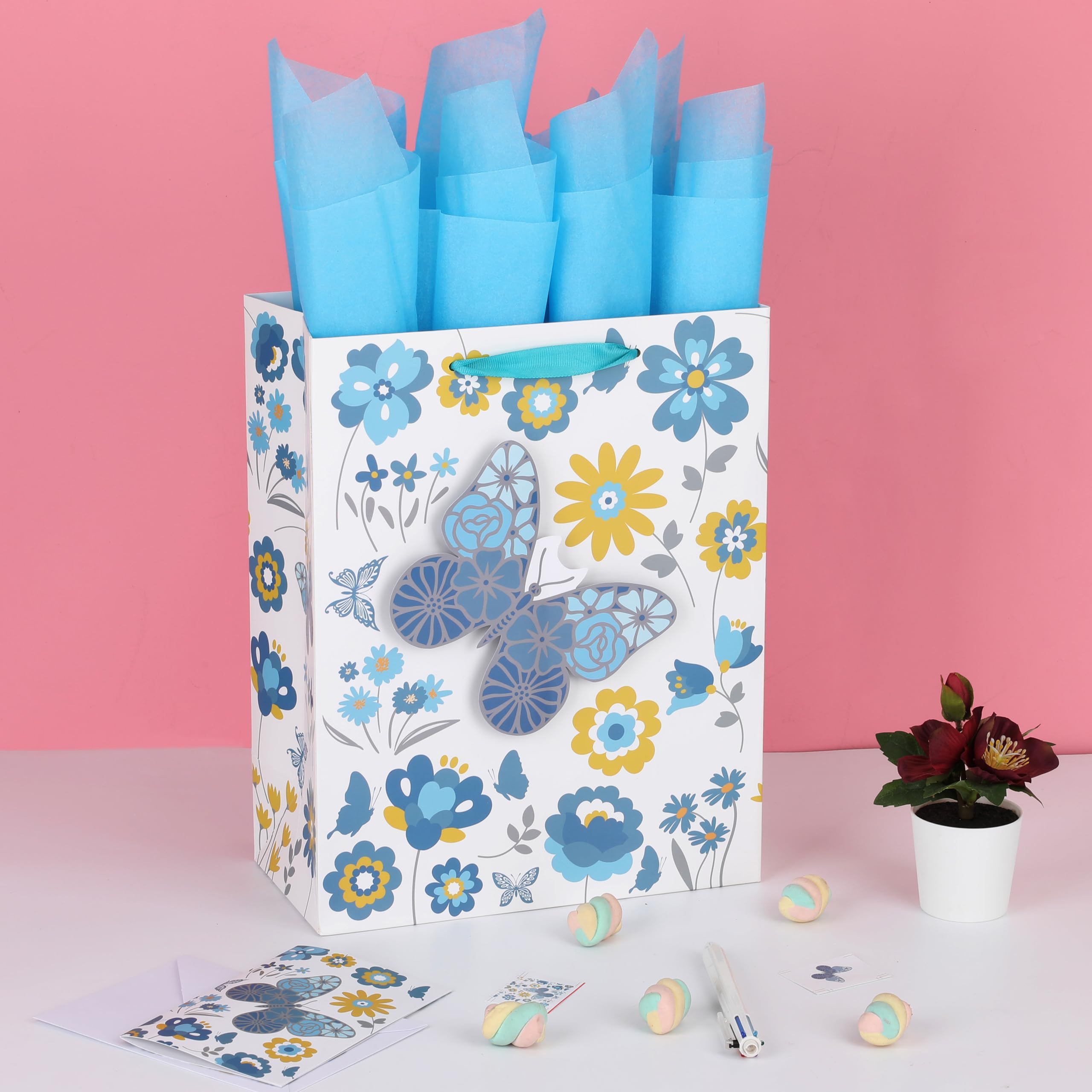 13" Large Turquoise and Yellow Gift Bag Set with Greeting Card and Tissue Paper(3D Butterfly) for Celebrating Birthdays, Baby Shower, Mother's Day, Weddings, Anniversary, Valentine's Day - 10.2”x5.2”x13”, 1 Pcs.