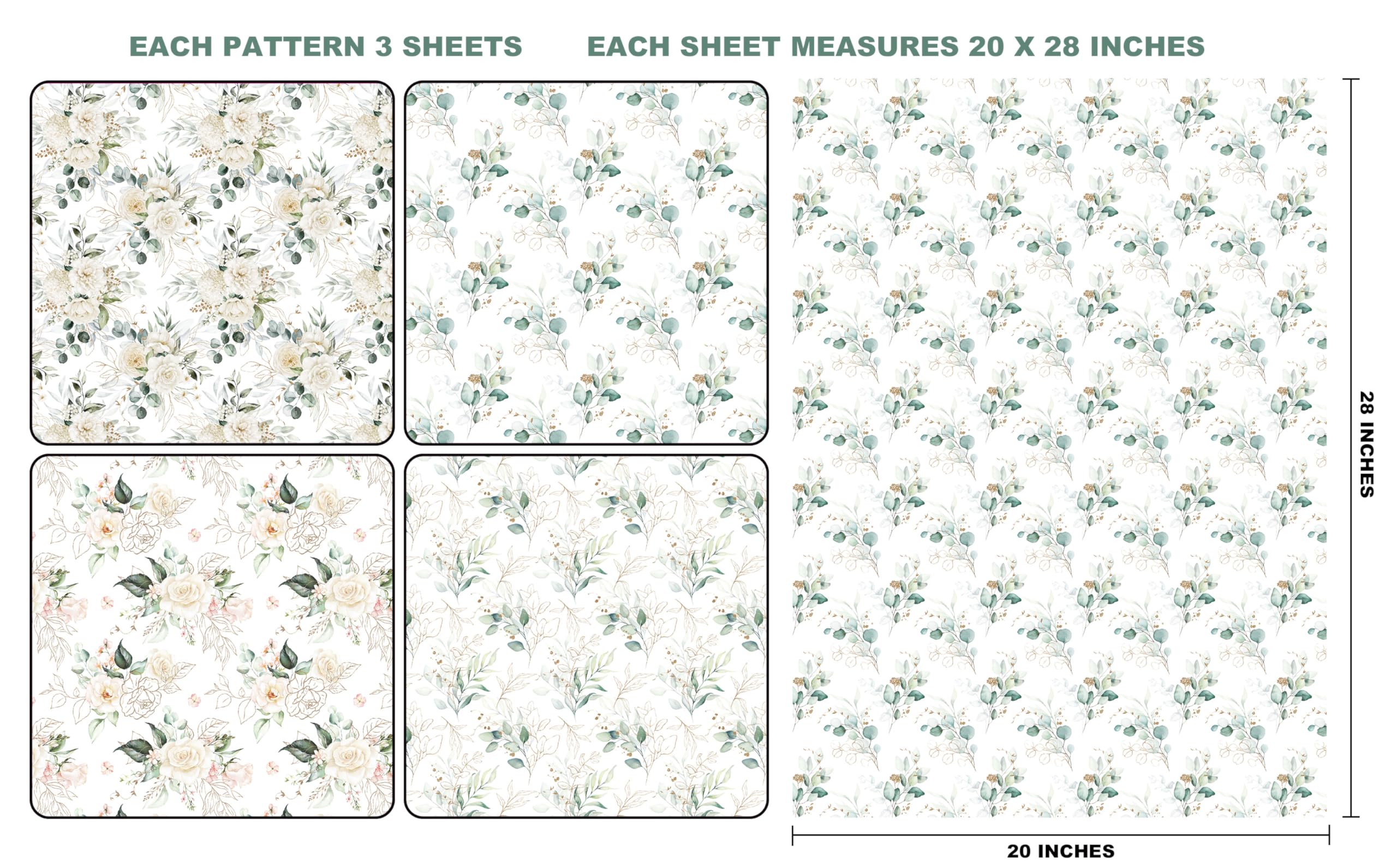 Titiweet Wedding Wrapping Paper - Green Leaves & White Rose Design, 12 Sheets Bridal Shower Wrapping Paper for Women, 20 x 28 Inches Per Sheet