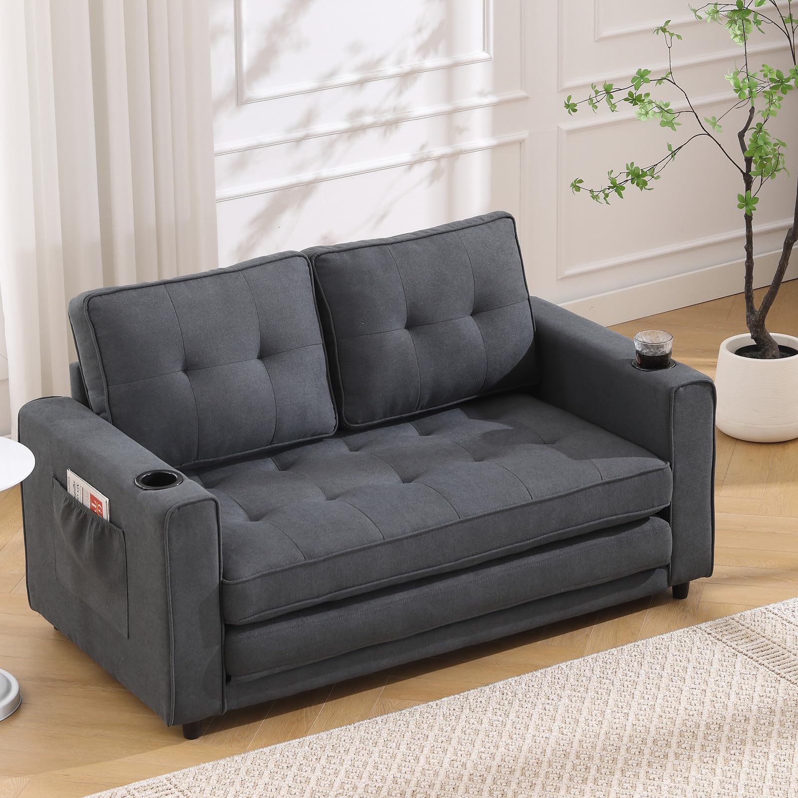 3-in-1 Convertible Sofa Bed, Foldable Futon Loveseat Sleeper with Pull Out Couch Bed for Living Room, Bedroom, Office (Dark Grey)