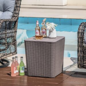 Tangkula 11.5 Gallon Water-proof Deck Box, Outdoo Patio Storage Box w/Removable Lid &, Faux Rattan Storage Container Side Table, All Weather Patio Furniture Extra Seat for Poolside (Brown)