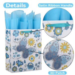 13" Large Turquoise and Yellow Gift Bag Set with Greeting Card and Tissue Paper(3D Butterfly) for Celebrating Birthdays, Baby Shower, Mother's Day, Weddings, Anniversary, Valentine's Day - 10.2”x5.2”x13”, 1 Pcs.