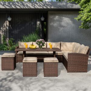 joivi 7 piece patio furniture set, patio dining sofa set, outdoor sectional sofa conversation set all weather wicker rattan couch dining chair & table with ottoman, brown rattan beige cushion