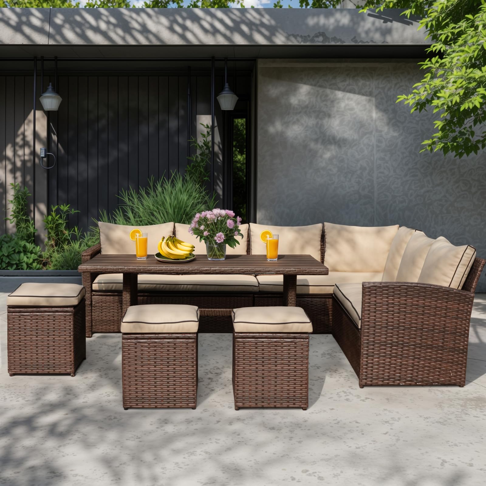 JOIVI 7 Piece Patio Furniture Set, Patio Dining Sofa Set, Outdoor Sectional Sofa Conversation Set All Weather Wicker Rattan Couch Dining Chair & Table with Ottoman, Brown Rattan Beige Cushion