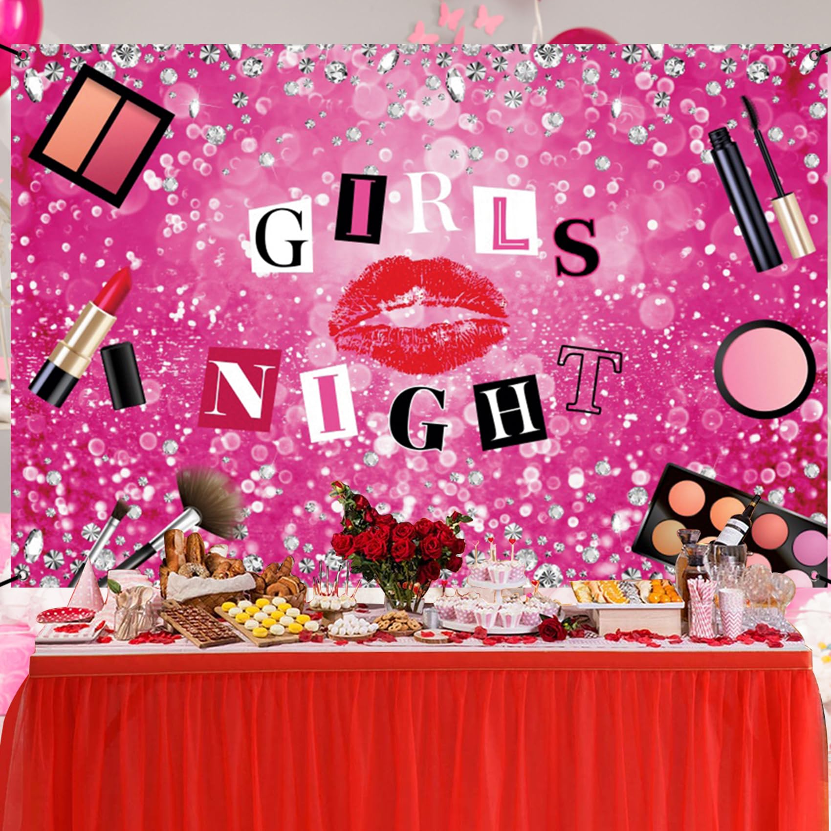 CSFOTO Polyester 6x3.6ft Girls Night Banner Ladies Girl Pink Glitter Background Banner Bridal Shower Night Bachelorette Party Decoration Banner Photography Booth Props