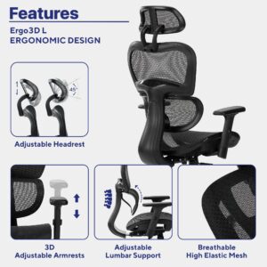 Nouhaus Ergo3dL Home Office Desk Chairs Ergonomic Office Chair High-Back Mesh Rolling Work Chairs with Wheels and Adjustable Headrests Comfortable Lumbar Support Adjustable Armrests