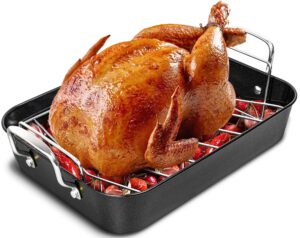 michelangelo carbon steel roasting pan with rack, turkey roasting pan 15 inch x 11 inch, nonstick turkey roaster pan with stainless steel rack, induction compatible