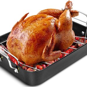 MICHELANGELO Carbon Steel Roasting Pan with Rack, Turkey Roasting Pan 15 Inch x 11 Inch, Nonstick Turkey Roaster Pan with Stainless Steel Rack, Induction Compatible