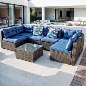 dwvo 7 pieces patio furniture set, all-weather pe rattan outdoor conversation set, wicker outside sectional sofa couch with table and cushions, for pool backyard deck garden (navy)