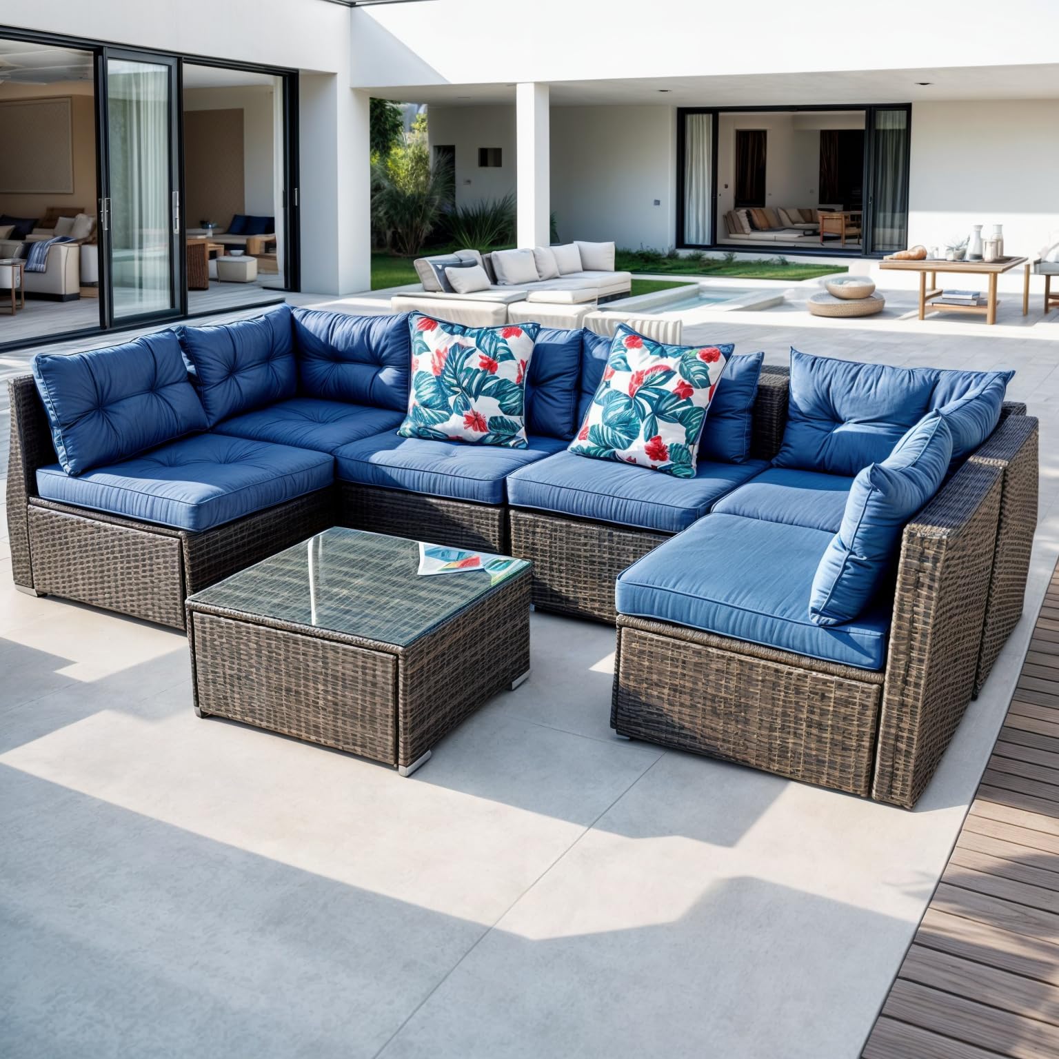 DWVO 7 Pieces Patio Furniture Set, All-Weather PE Rattan Outdoor Conversation Set, Wicker Outside Sectional Sofa Couch with Table and Cushions, for Pool Backyard Deck Garden (Navy)