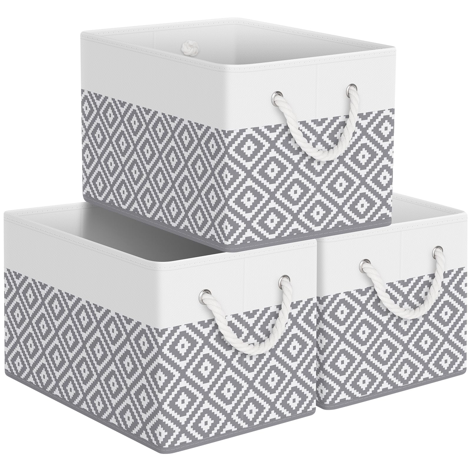 StorageTastic Storage Bins, 3-Pack Large Storage Box with Rope Handles, Collapsible Storage Basket for Organizing Books, Clothes, White & Grey