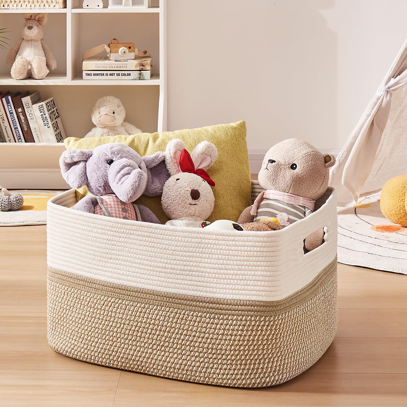 OIAHOMY 75L Laundry Basket, Extra Large Toy Storage Basket, Rectangle Cotton Rope Storage Basket, Blanket Basket Living Room, Woven Baskets for Storage, 22 x 17 x 12 Inches-Yellow/White