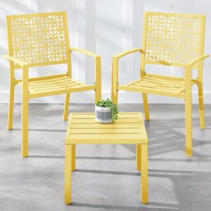 best choice products 3-piece outdoor bistro set, stackable modern steel furniture for porch, garden w/ 2 chairs, table, geometric decor - yellow