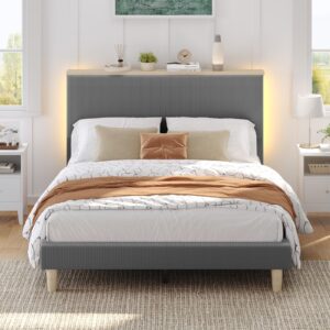 Bestier Queen Size Bed Frame with Headboard, Corduroy Upholstered Adjustable Platform Bed with Storage Shelf, Bedside LED Bed Frame, Solid Wood Slats Support, No Box Spring, No Squeaks(Grey)