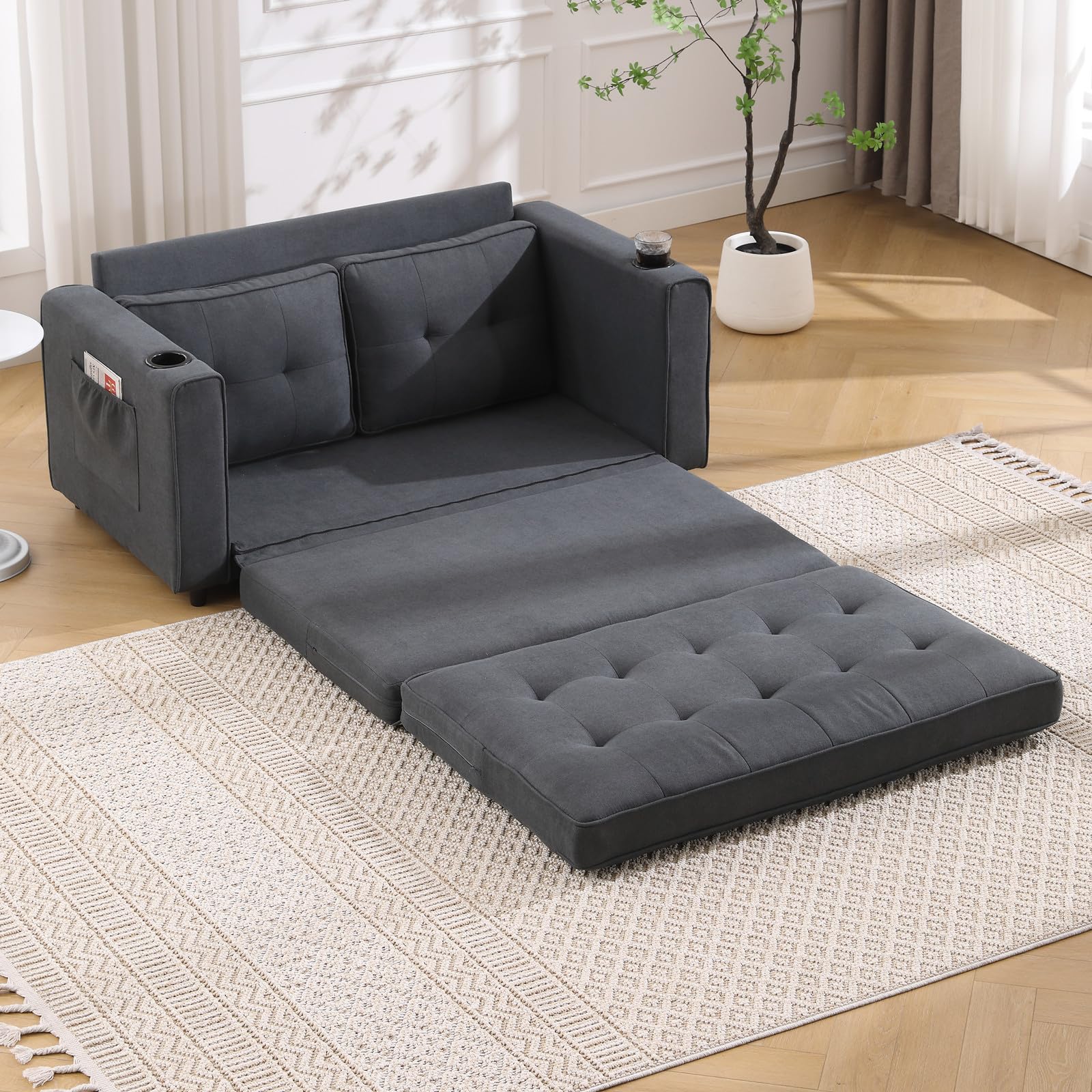 3-in-1 Convertible Sofa Bed, Foldable Futon Loveseat Sleeper with Pull Out Couch Bed for Living Room, Bedroom, Office (Dark Grey)