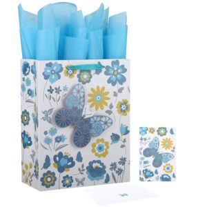 13" large turquoise and yellow gift bag set with greeting card and tissue paper(3d butterfly) for celebrating birthdays, baby shower, mother's day, weddings, anniversary, valentine's day - 10.2”x5.2”x13”, 1 pcs.