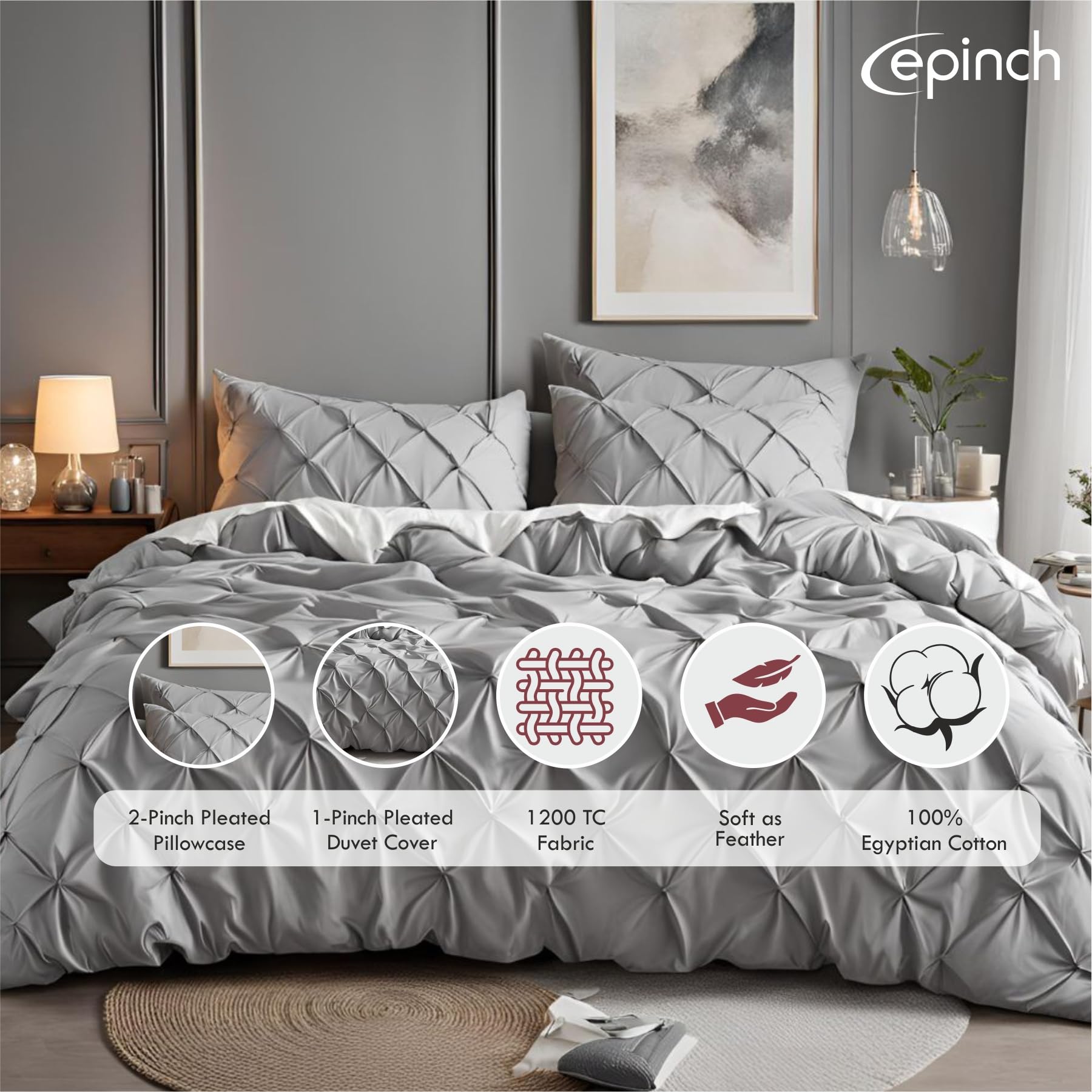 Epinch_Pinch Pleated Duvet Cover Set 1200TC 100% Cotton Luxurious Home 3Piece 1Pinch Duvet Cover 2Pinch Pillowcase Zipper Tie Closure Pack of 1