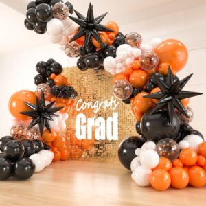 141pcs black white orange balloon garland arch kit, 18 12 10 5 inch black white orange confetti latex balloons with foil star for birthday 2024 graduation halloween party decoration