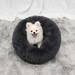 Lemuluxe Cat Beds for Indoor Cats, 20 inches Cat Bed Calming Plush Cat Bed Anti-Slip Round Fluffy Dog Bed Donut Dog Bed Soft Puppy Pet Bed Cat Beds for Small Medium Dogs Kittens (Dark Grey)